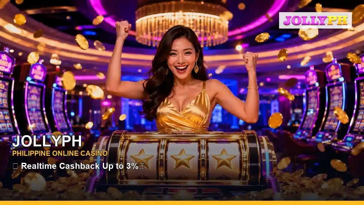 JOLLYPH jackpot slot games featuring an adult Filipina casino host with a celebratory composition